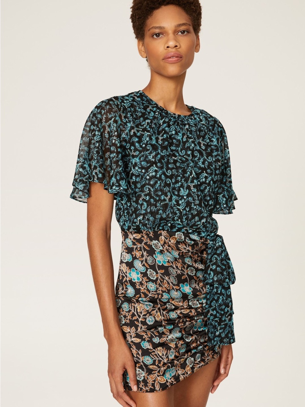 Misa Los Angeles Black & Teal Floral Tie-Side Mini Dress